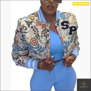 Cropped Jacquard Varsity Jacket Long Sleeve Button Down Floral